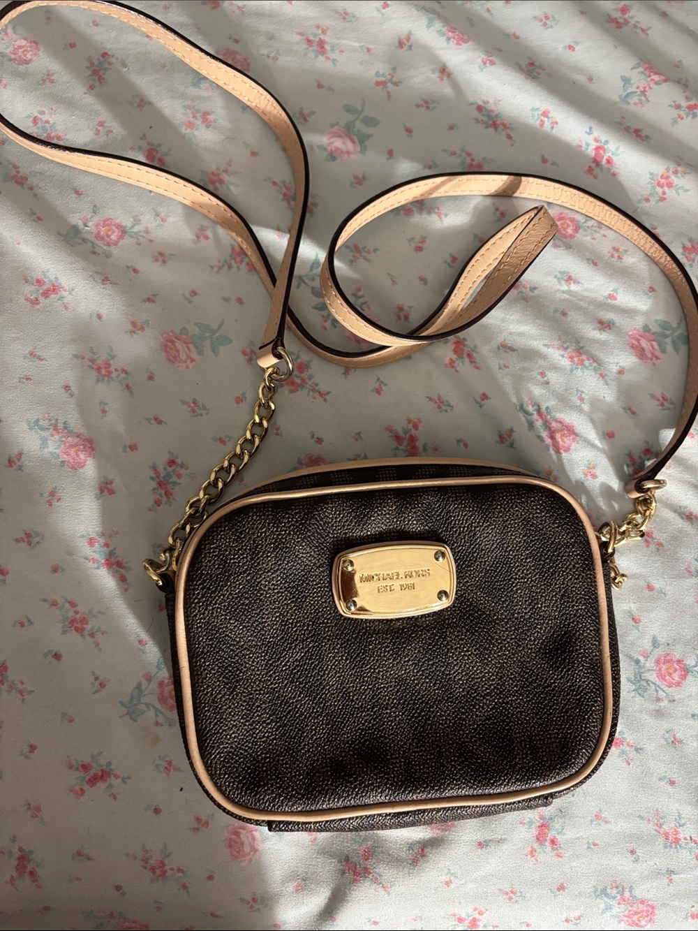 Michael Kors Brown Pebble Leather Crossbody with Beige Trim and Gold Plaque